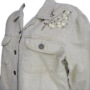 Vintage 90s Y2K GAP LiNeN Cotton Ecru Jacket Painted Flowers Flap Pockets Vents
